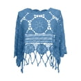 thumbnail image 4 of UOCUFY Women Plain Fringe Cut Out Sheer Knit Crochet Cover Up Three Quarter Sleeve Hollow Out Sweater Shirts Swimsuit Coverups Wear (Blue, L), 4 of 4