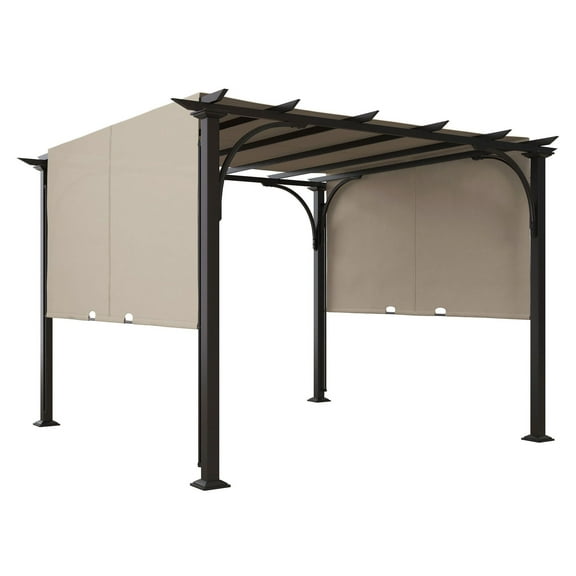 Steel Patio Pergola 10x10 with Retractable Canopy - Beige Outdoor Shade Pergola for Backyard, Garden, Deck - UV Protection & Adjustable Canopy