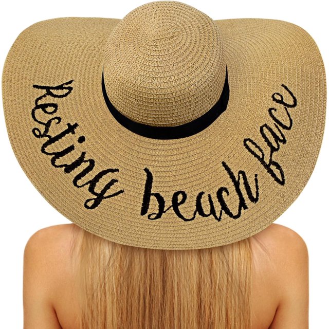 Floppy Beach Hats for Women Straw Sun Hat Foldable Wide Brim Embroidered Roll up for Summer Honeymoon Vacation Travel UPF 50+