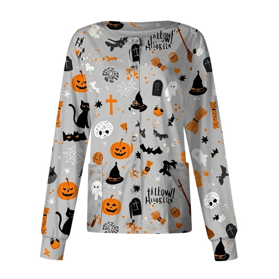 Domzest Halloween Scrub Jacket for Women Button Front Pumpkin Ghost Bat Print Medical Workwear Jacket Cute Nurse Uniform Khaki L