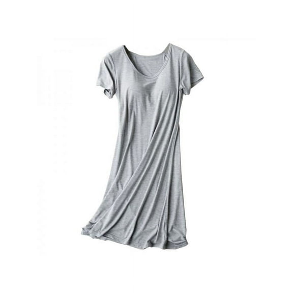 Women Short Sleeve Built-in Bra Padded Long Nightdress Sleepwear Pajamas,Shelf Bra Full Slip Casual Nightgown,Knee Length Comfy Soft Modal Sleep Shirt Night Shirt Dress Solid Sleepwear,Gray S-2XL