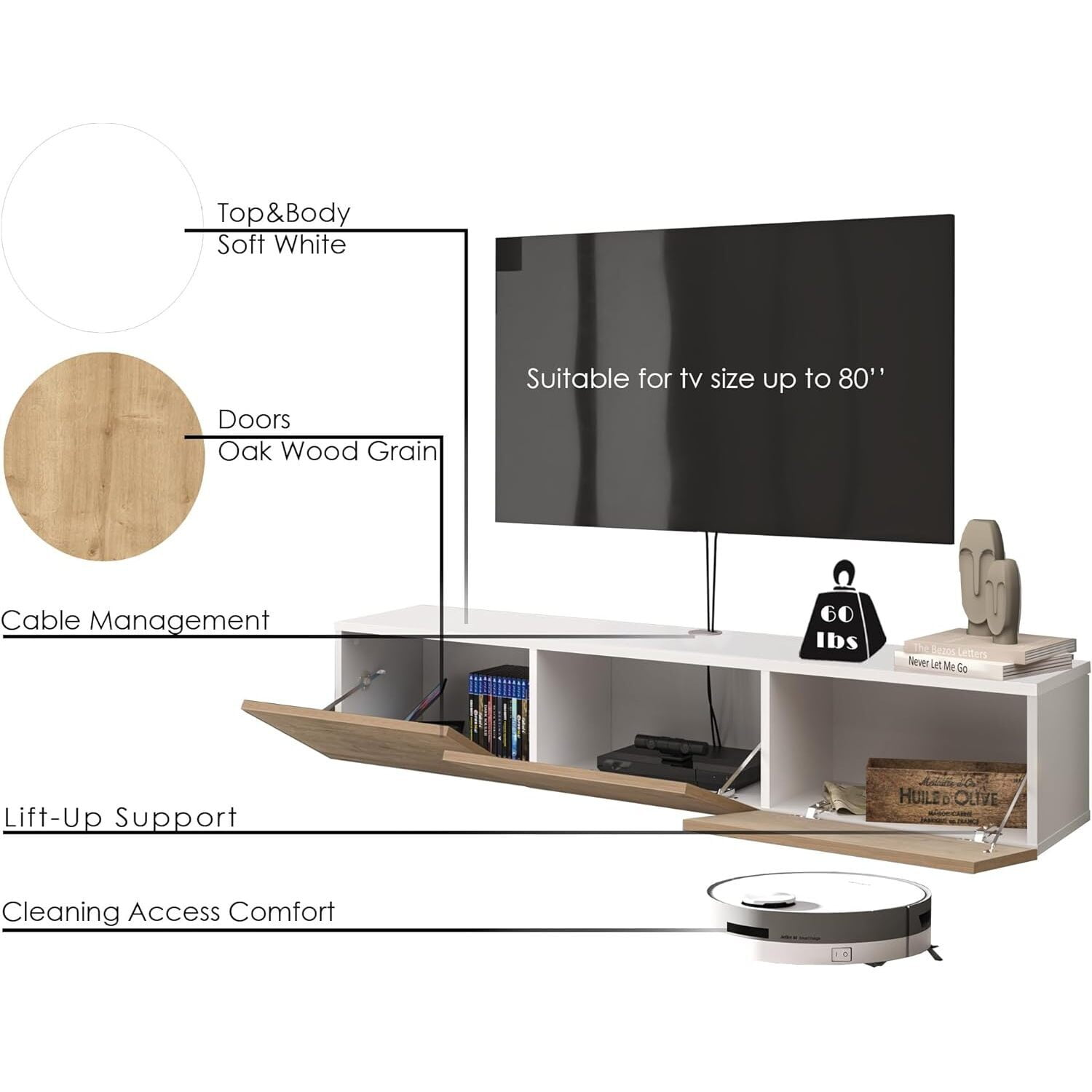HomeStock Artisanal Abode Floating TV Stand, TV Stand up to 75 inch TV, Floating TV Stand Wall Mounted, Floating Entertainment Center, Floating Shelf for Under TV, Floating TV Console-Color:Natural an