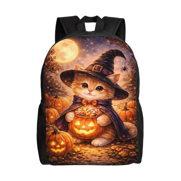 Halloween Cute Witch Cat Pumpkin Backpack Full Front Print Travel Laptop Bag for Men and Women