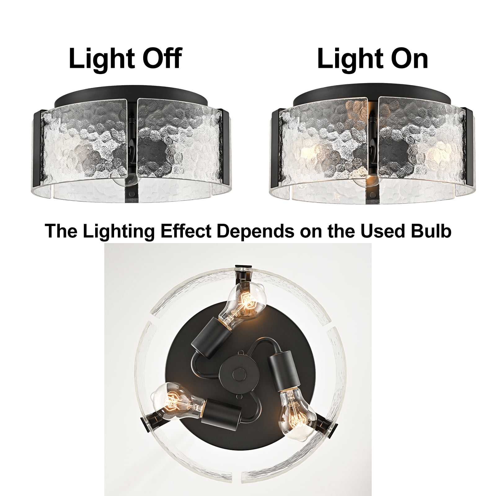 Farmhouse Ceiling Light Fixture 3-Light Black Ceiling Light with Textured Glass Drum Shade