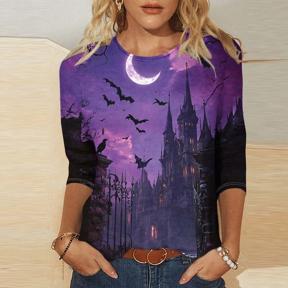 NSLGXD Women's Graphic T-Shirts 3/4 Sleeve Crew Neck Halloween Lightweight Casual Tops Plus Size Trendy Shirts S-5XL