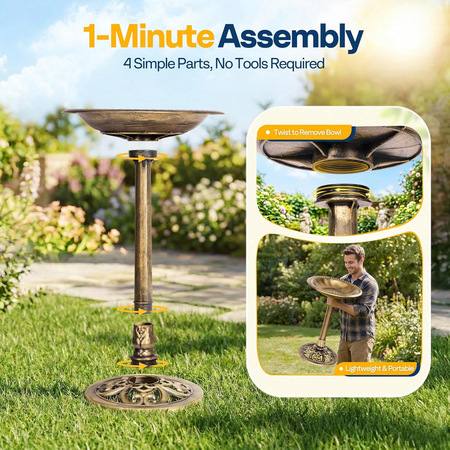 SPECSTAR Bird Bath, 28 inch Height Polyresin Lightweight Antique Outdoor Garden Birdbath Copper
