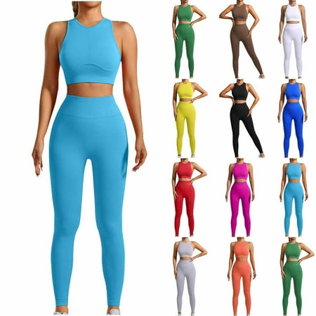 lcziwo Today s Lightning Sales  Women s Workout Set Casual Butt Lifting Leggings and Padded Stretchy Sports Bra 2 Piece Sets Solid Color High Waist Seamless Yoga Outfits Yellow L