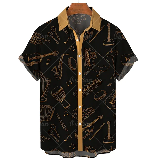 Men's Hawaiian Shirt One Button Shirt Cartoon Musical Instrument Pattern Oversize 3d Printing Loose Short Sleeve Beach Tops