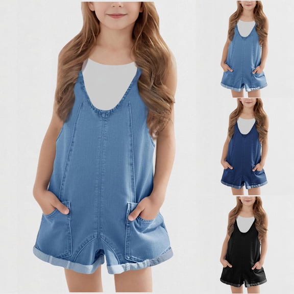 QNANSPI Kids Denim Overalls, Denim Jumpsuit for Girls, Youth Denim Jumpsuit Solid Color Round Neck Pockets Adjustable Straps Short Pants For 5-14 Years Summer
