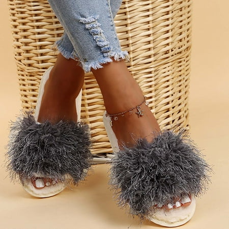 

Women s Plush Shoes Sandals Flat Flip-Flops Easy To Wear And Take Off Soft Warm Home Outdoor Shoes