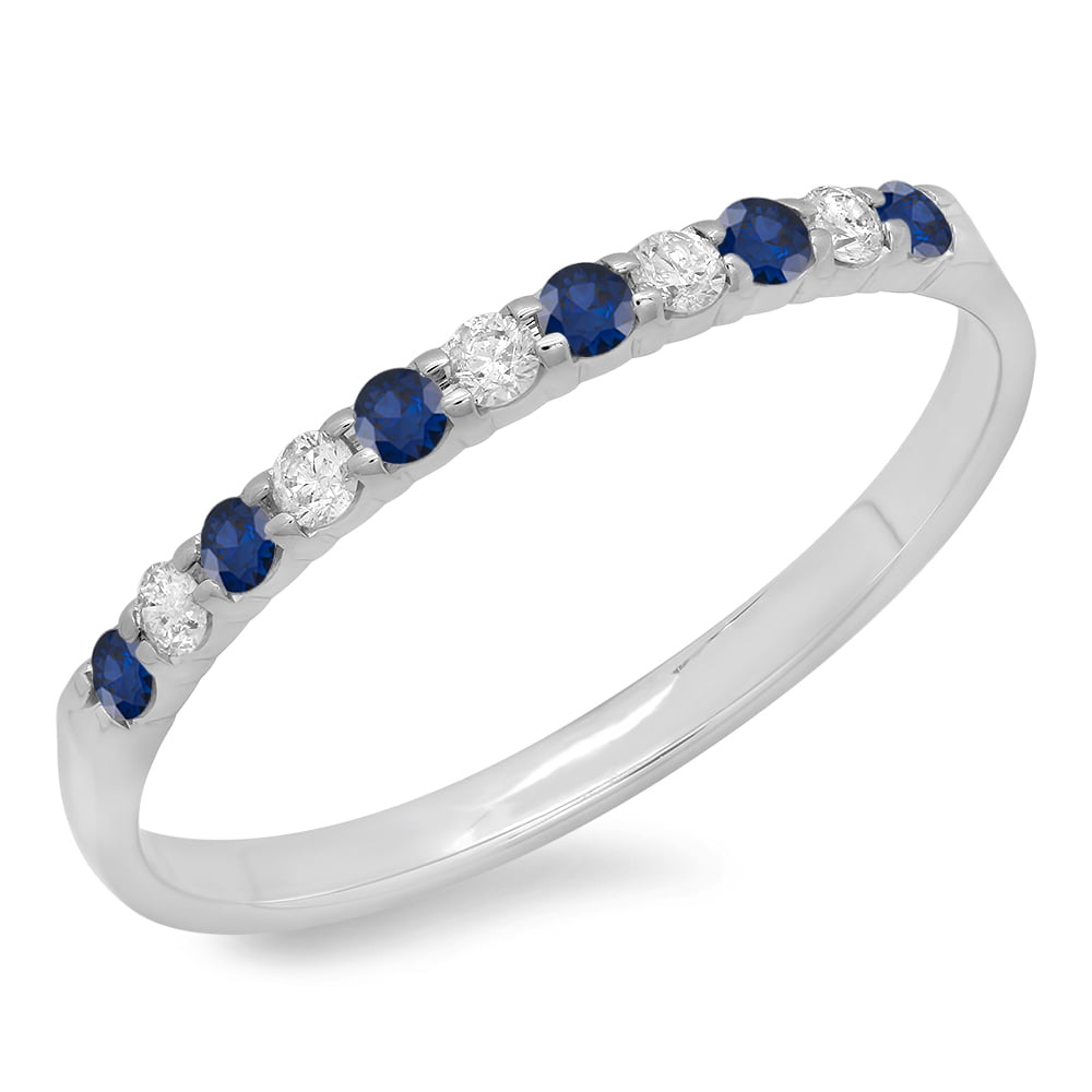 Natural Diamond & Blue Sapphire Wedding Band Anniversary Ring 10K White Gold 