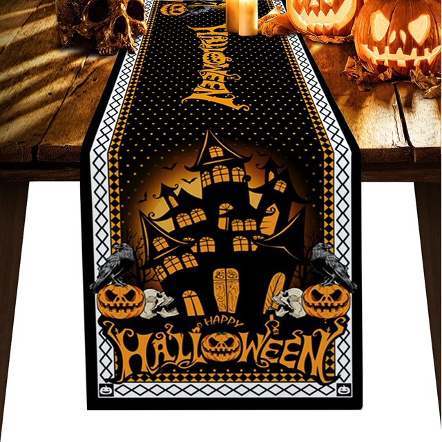 Halloween Table Runner, Halloween Pumpkin Skull Castle with Black Backgound Rustic Table Runner for Holiday Birthday Party Kitchen Dining Table Home Decor,