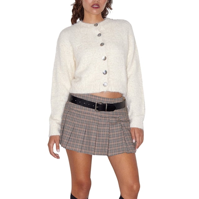 xiaxaixu Women's Long Sleeve Cropped Cardigan, Solid Color Round-Neck Button Front Knit Sweater Coat