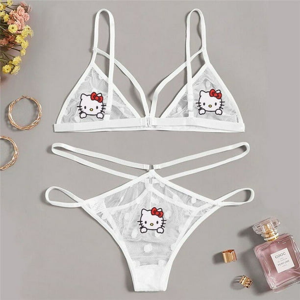 Conjunto de ropa interior de encaje Sexy para mujer, pegatinas bordadas de Hello Kitty, sujetador femenino, bragas Y2K, traje de Bikini Kuromi Melody, regalo