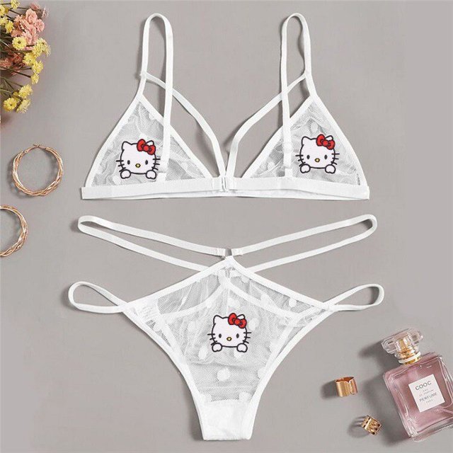 Conjunto de ropa interior de encaje Sexy para mujer, pegatinas bordadas de Hello Kitty, sujetador femenino, bragas Y2K, traje de Bikini Kuromi Melody, regalo