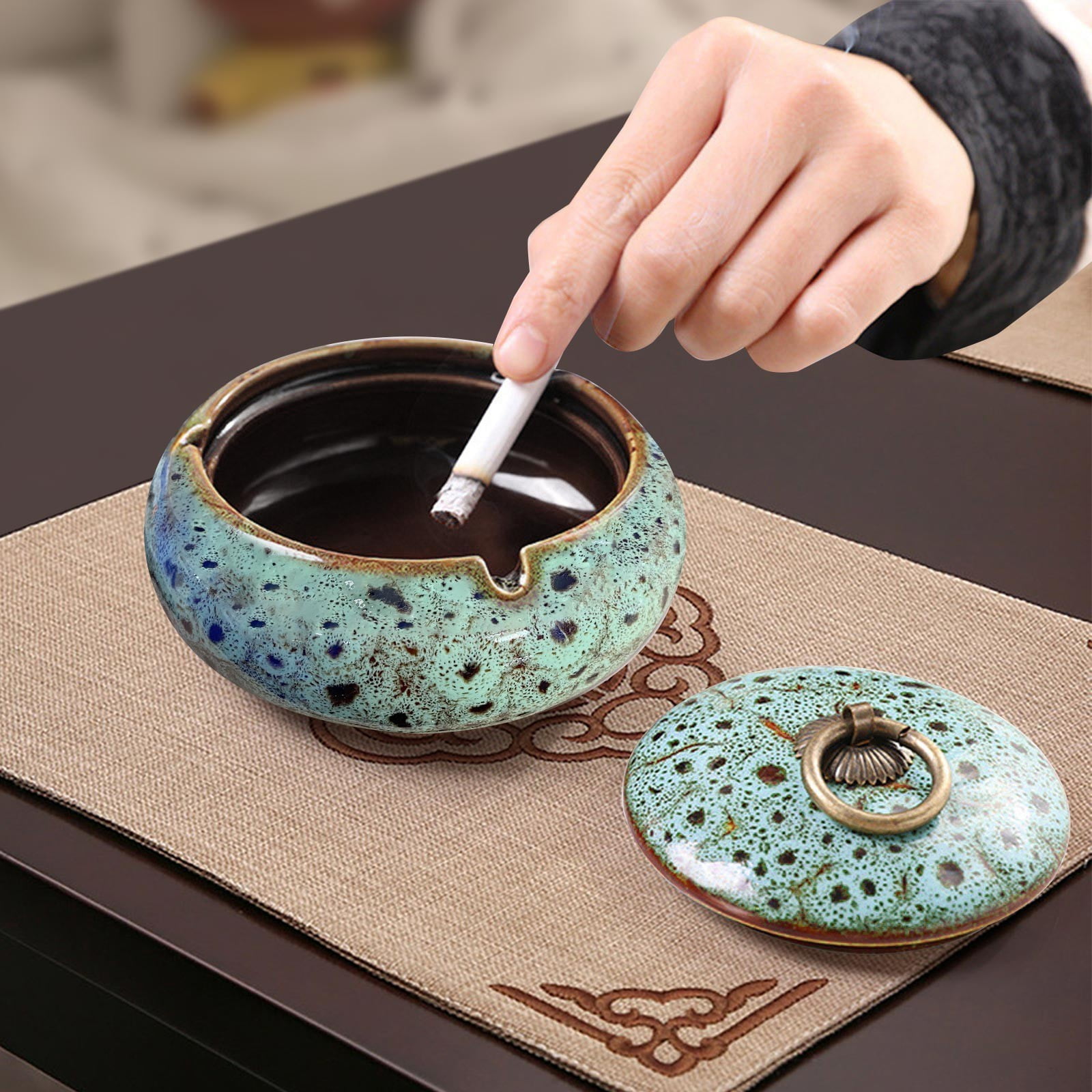 smoking cigarette ashtray Ashtrays for Cigarettes Outdoor Ash Tray, Trash Can, 2 Pack 7 Inches Large Size Patio Ashtray, Home Ashtray, Smokeless Tabletop Ashtrays for Indoor Outdoor Use : Home & Kitchen while the 1.5 CIGARETTE BUTTS ceramic ashtray