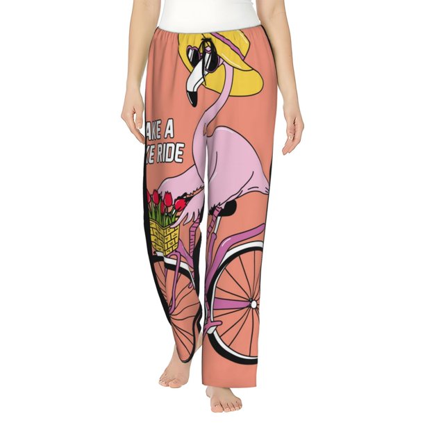 Fotbe Flamingo Riding a Bicycle Pantalones de Pijama para Mujer, Pantalones de Dormir, Pantalones Pj con Cordón y Bolsillos-Small