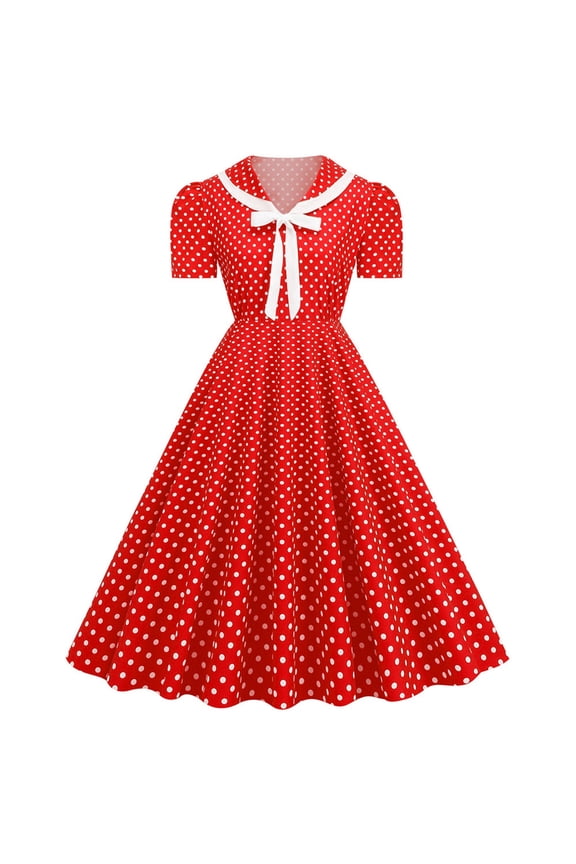 Women Notch Lapel 50s 60s Vintage Short Sleeve V-Neck Cocktail Swing Dress Polka Dot 1950s Rockabilly Prom Party Midi Dress Red XL