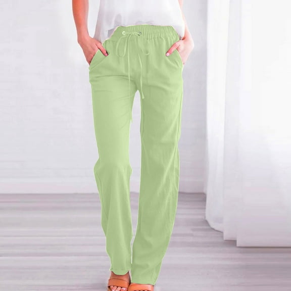 Women's Cotton Linen Pants,Cotton Linen Pants for Women Casual Summer Elastic,Women's Linen Pants Summer Casual Drawstring Straight Leg Trousers Lightweight Elastic Waist Cotton Pant with Pockets