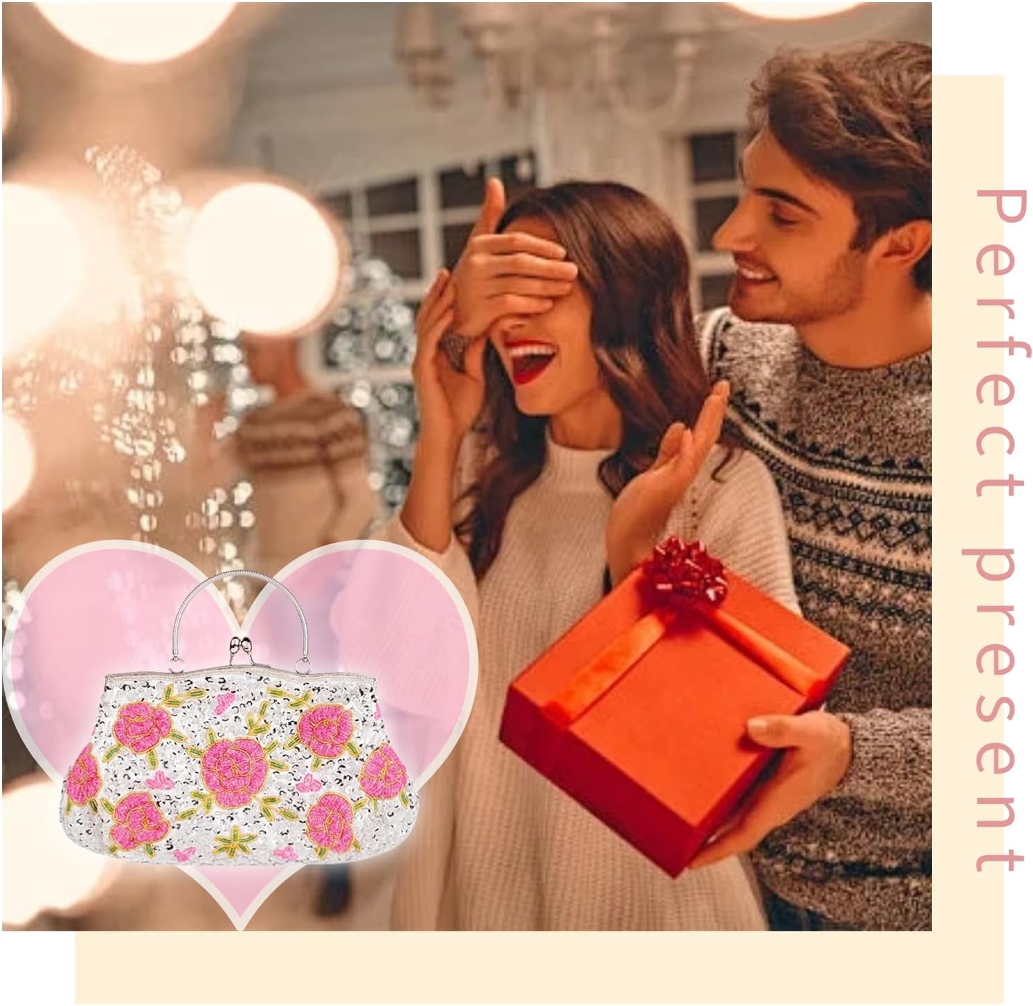 Women's Floral Beaded Embroidered Clutch Purse with Sequins and Detachable Chain - Elegant Evening Bag for Wedding Party