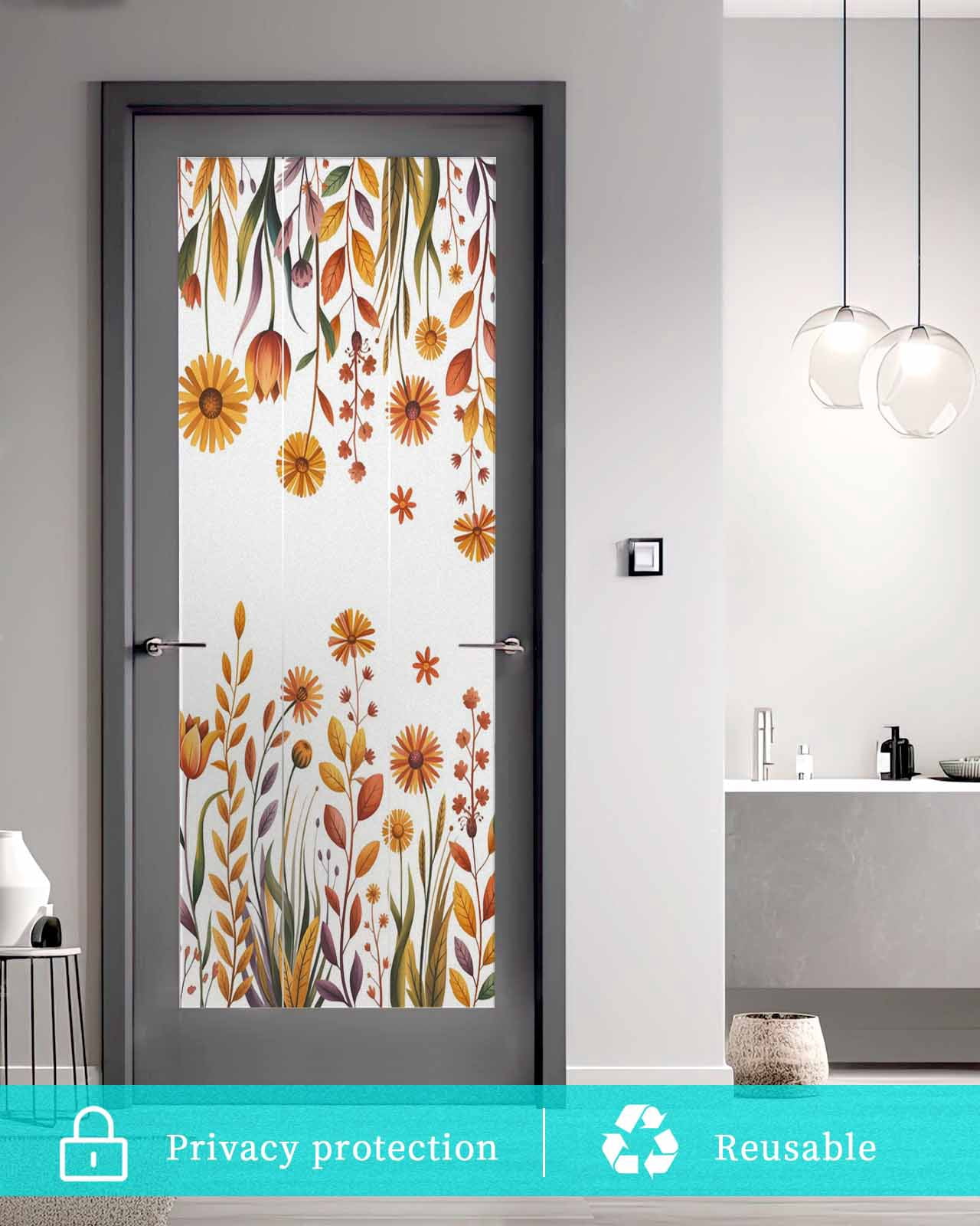 Window Privacy Film Fall Flowers Stained Glass Window Film Decorative Sun Block Window Cover Farmhouse Watercolor Orange Floral Herbs Window Clings Static Adhesive Sticker for Bathroom 29.5"x78.7"