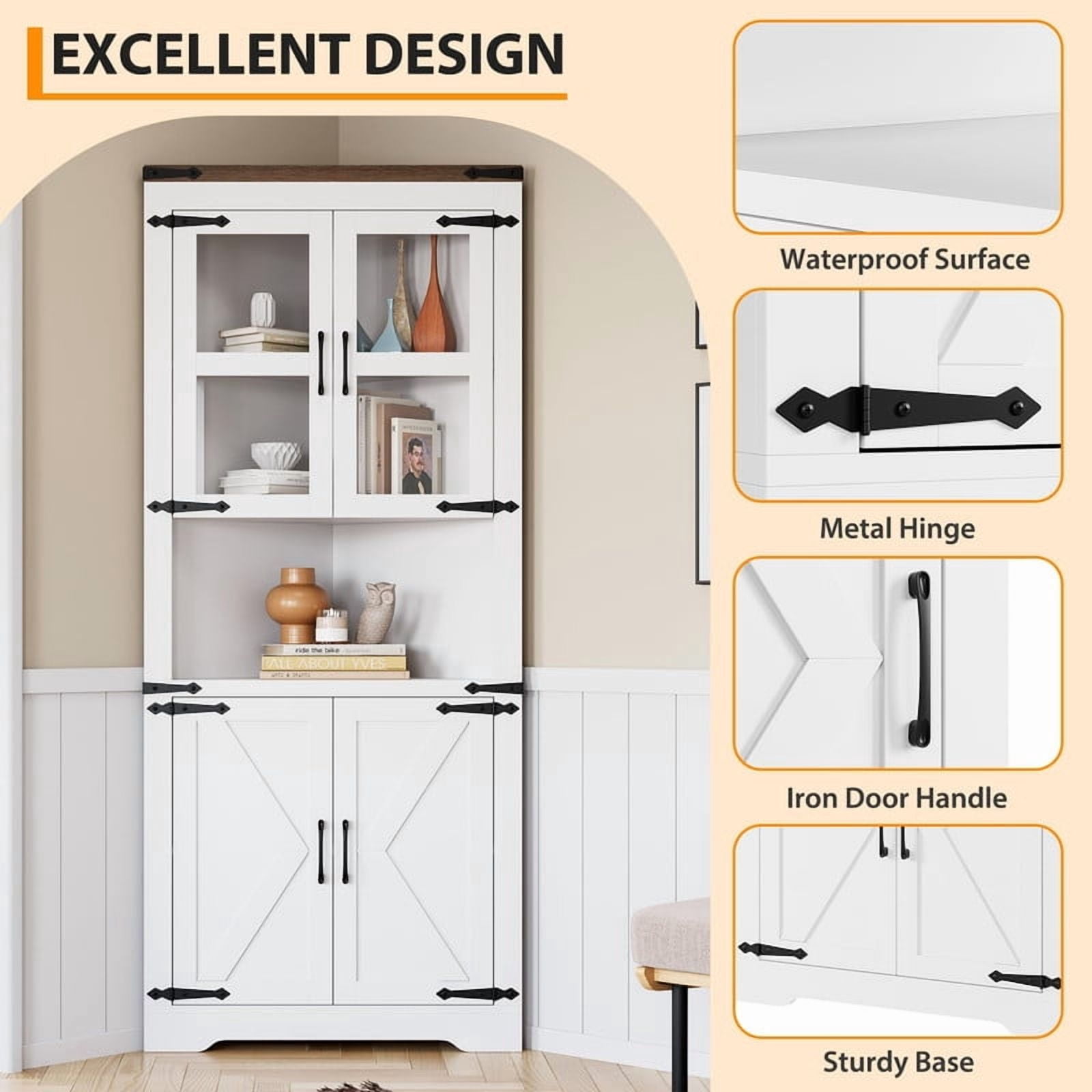 TROPOW Tall Corner Storage Cabinet, Bathroom Floor Storage Cabinet with Doors and Adjustable Shelves, Freestanding Tall Cabinet Organizer for Bathroom, Kitchen, Living Room