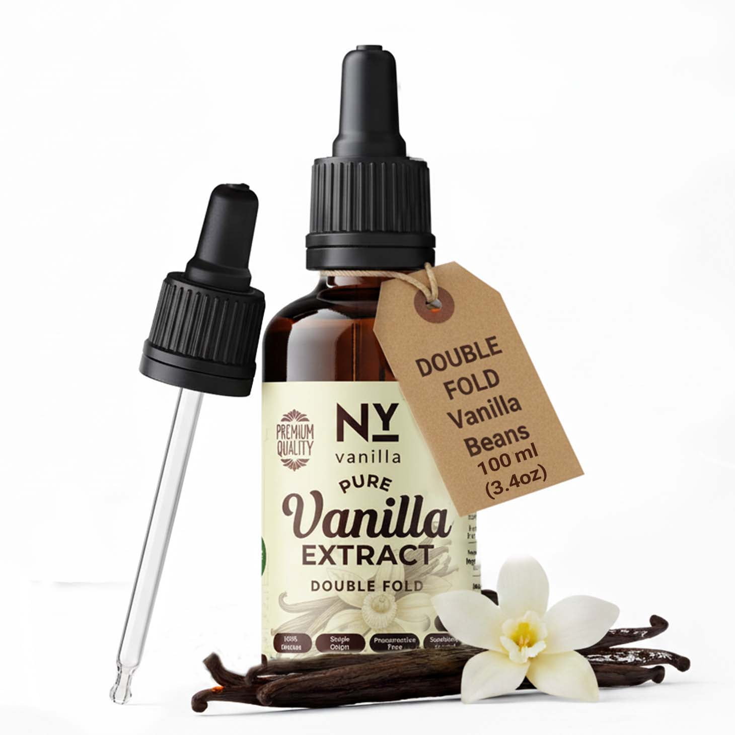 NY Vanilla Pure Vanilla Bean Extract Double Fold, 3.4 oz (100 ml), Non-GMO, No Additives, Premium Vanilla Flavor for Baking, Ice Cream, Cakes, Cookies & Cooking