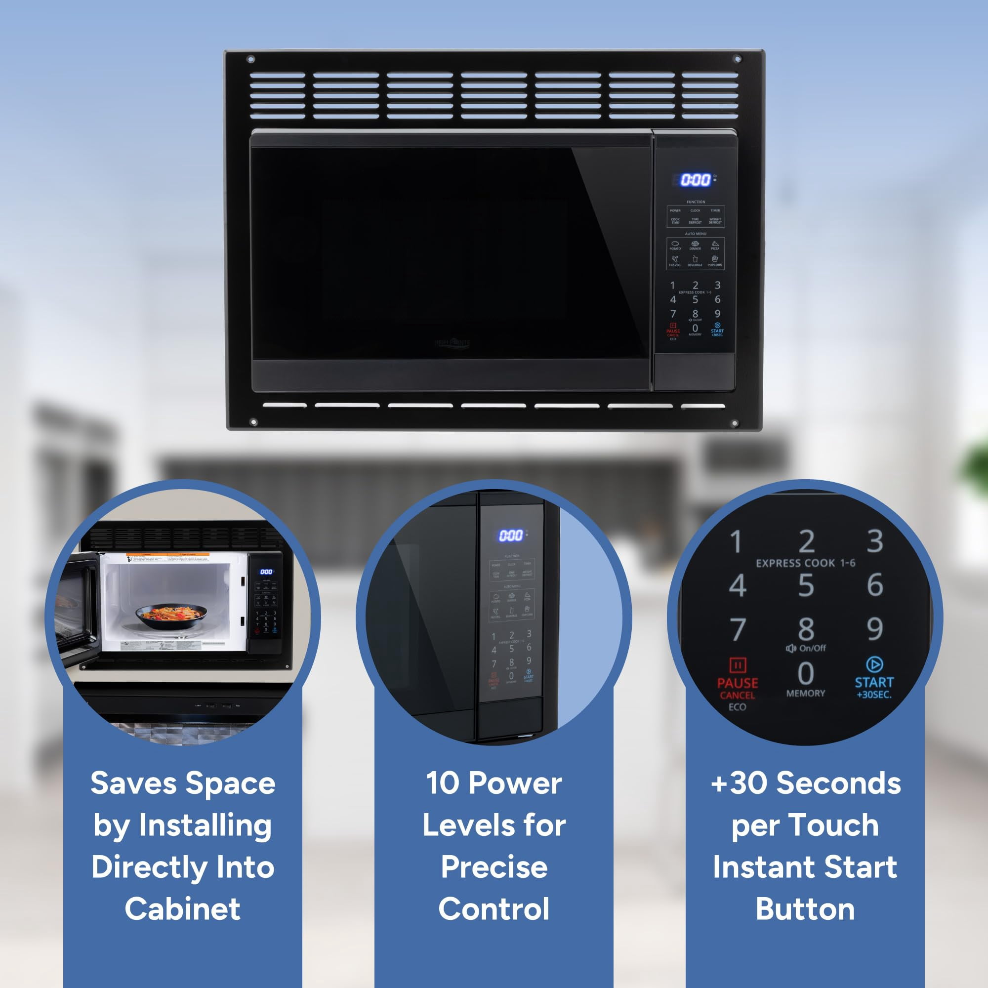 RecPro High Pointe Built-in Black Microwave | 0.9 Cu. Ft. | 6 Cook Modes | Child Lock | Touch Pad Controls | Mute Mode