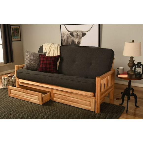 Lodge Frame-Natural Finish-Linen Charcoal Mattress-Storage Drawers