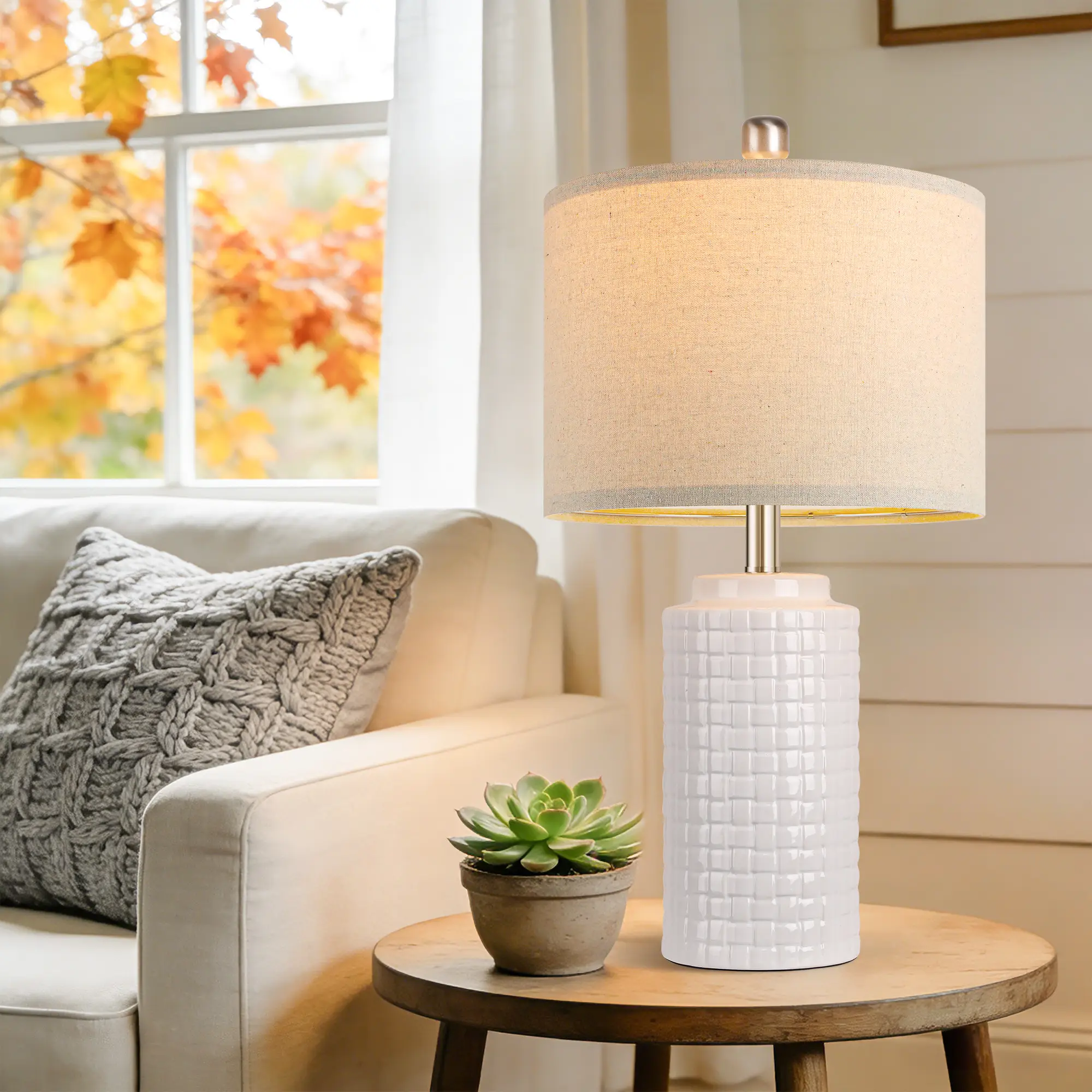 23in Modern Ceramic Table Lamp Set of 2, Table Lamps Rustic Bedside Nightstand White for Living Room