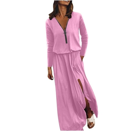 Ersazi Dresses for Women 2024 on Clearance Women s Casual Waistband Long Sleeved Dress with Zipper V-Neck Dress Pink Xl