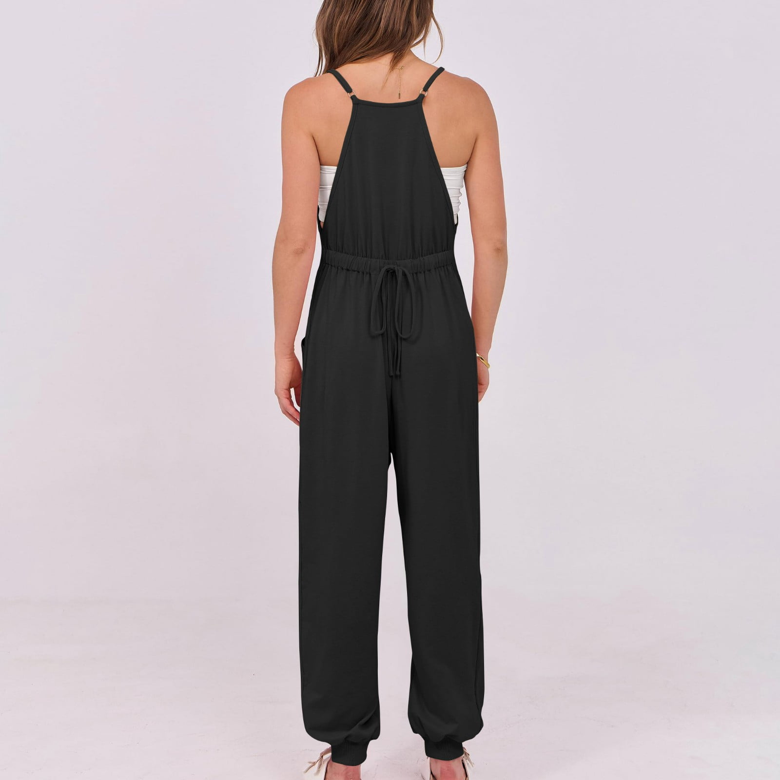 lcziwo One Piece Joggers Pants for Women 2025 Summer Sleeveless Straps Yoga Workout Jumpsuit Solid Casual Elastic Bottom Overalls with Pockets Lightning Sale