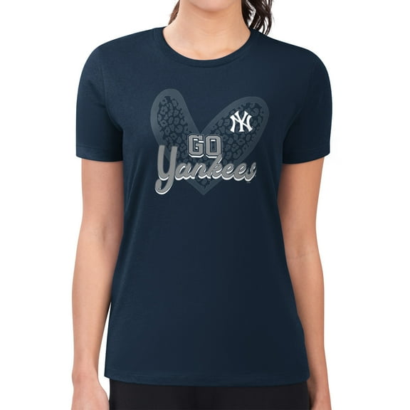 Women's G-III 4Her by Carl Banks Navy New York Yankees Leopard Heart Fitted T-Shirt
