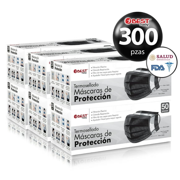 Best Trading Cubrebocas Negro 300 piezas, Mascarilla Desechable Termosellada Tricapa, Tapabocas con 300 Piezas con Ajustador Nasal Oculto y Tecnología Ligera de Filtrado Efectivo