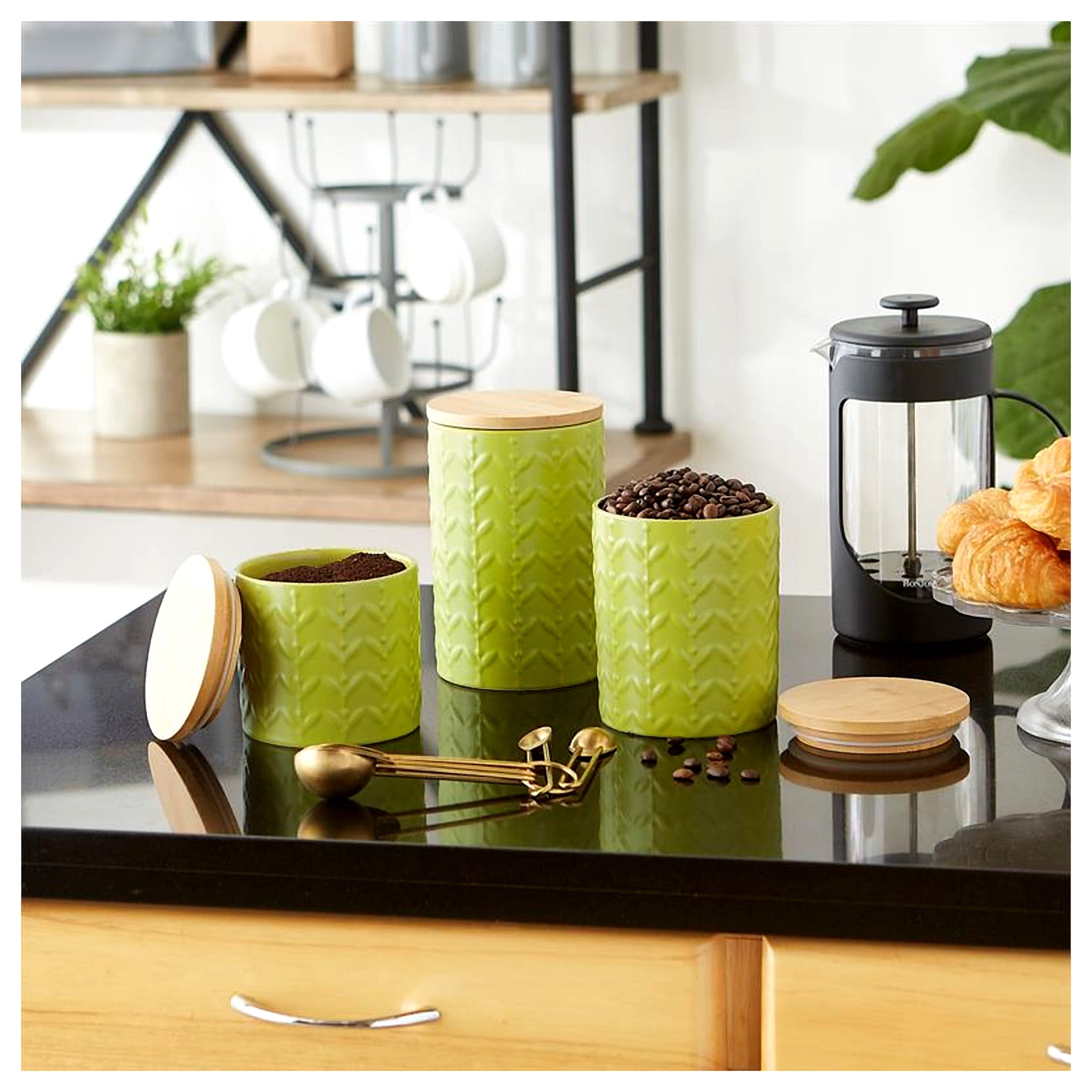 Avocado Matte Retro Vine Texture Ceramic Canister (Set of 3)