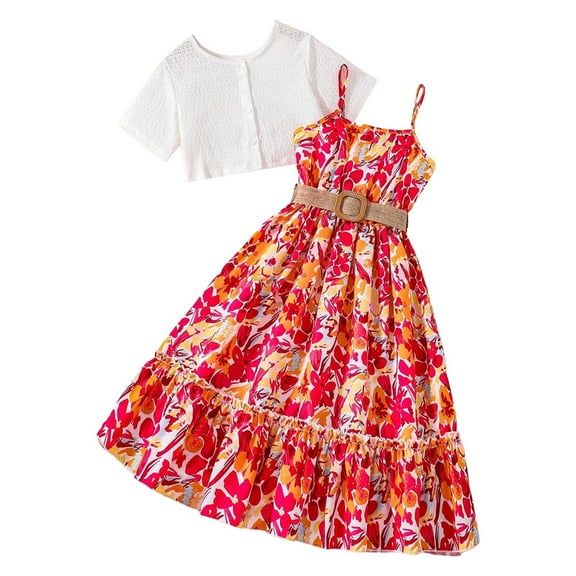Tfken Summer Outfit Sets For Girls Solid Color Short Sleeve Crew Neck Tops With Print Spaghetti Strap Sleeveless Dress Set Summer Children Soft Outfit Red Size 7-8 Years