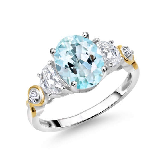 Gem Stone King 925 Silver and 10K Yellow Gold 3-Stone Ring Oval Sky Blue Topaz and Moissanite (2.50 Cttw, Size 7)