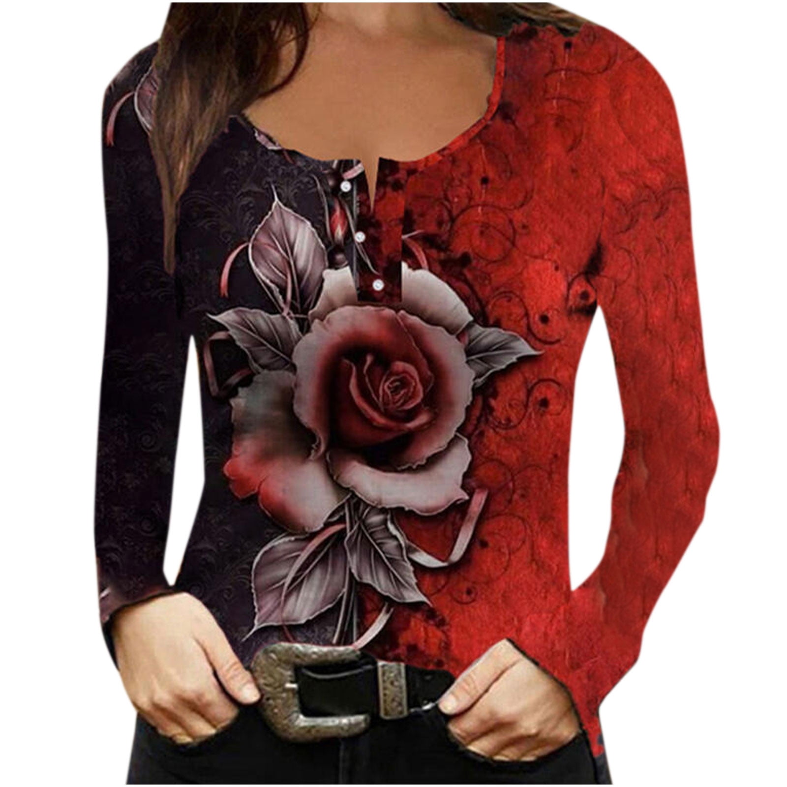 COBKK Womens Tops Boho Long Sleeve Round-Neck Blouses u0026 Shirts Women Sexy  Slim Buttons Casual Printing Long Sleeve Round-Neck Shirts Blouses Tops  Funny T Shirts For Men Red Dressy Casual Workout -