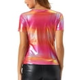 thumbnail image 3 of INSPIRE CHIC Women's Top Party V Neck Short Sleeve Glitter Shiny Metallic Top XS Pink, 3 of 6