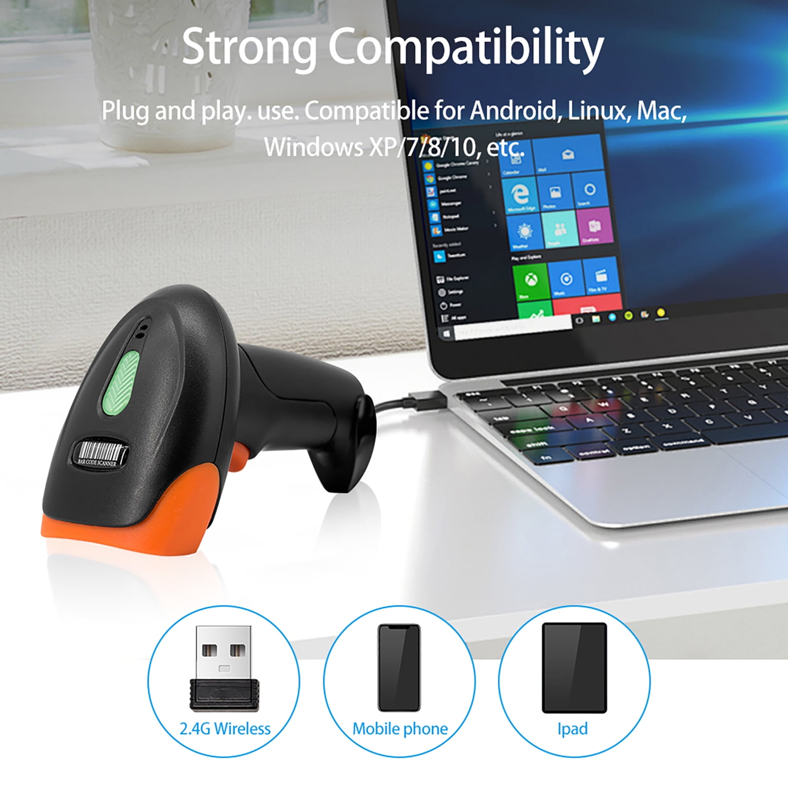 Elowen barcode scanner 1d Handheld 1D/2D/QR Barcode Scanner 2.4G Wireless USB Wired Bar Code Reader Manual / Continuous Scanning CMOS Image Sensor Support Paper Code/Screen Code PDF417 Compatible