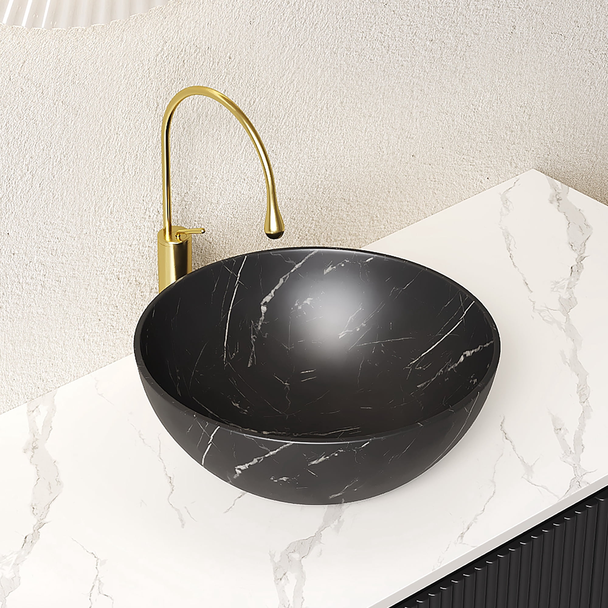 Wohh 14 Inch Bowl Shape Bathroom Sink with Marble Pattern, Small Black Ceramic Integrated Countertop Vessel Sink, 14.17 x 5.51 Inch Durable Porcelain Vanity Basin for Vanity Storage Cabinet Use