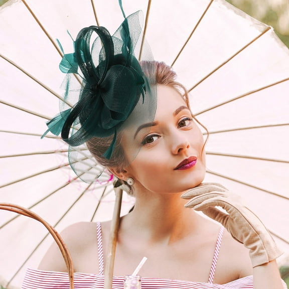 Worgeous  Bride Gauze Hat Tea Party Hats and Gloves Fancy for Women Banquet Dark Green