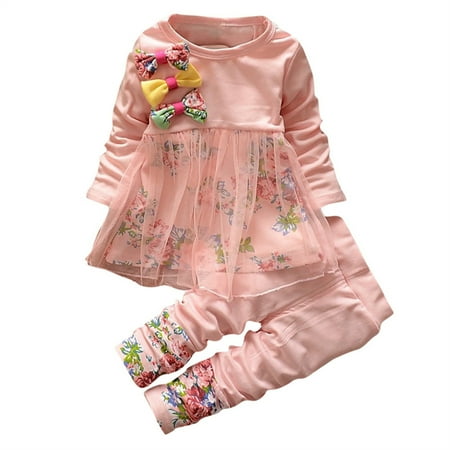 

Toddler Kids Baby Girls Floral Print Mesh Clothes T Shirt Tops Dress Pants 2PCS Outfits Set Baby with Blanket