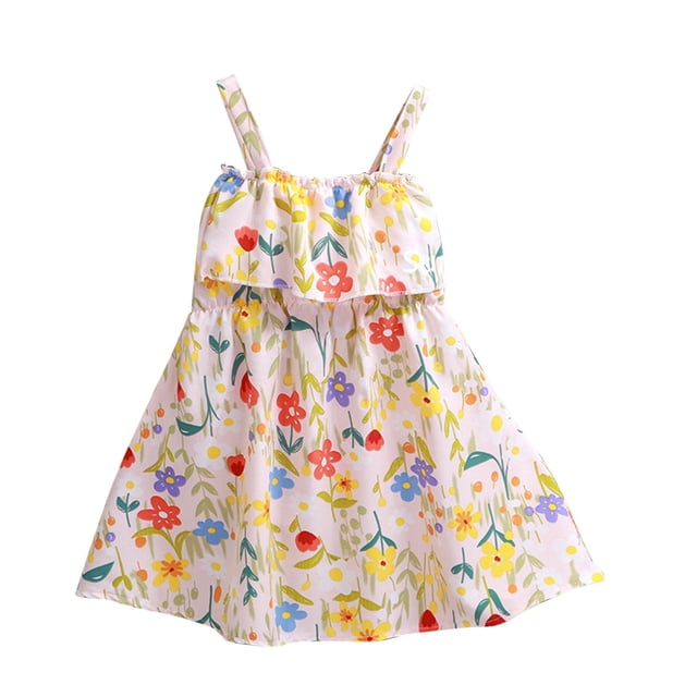Zwiiyzr 1-8Y Toddler Girls Princess Cartoon Twirl Dress Ruffle Summer Sleeveless Baby Clothes Yellow