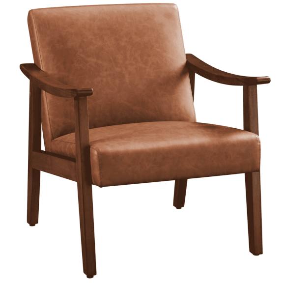 Yaheetech Mid-Century Upholstered Faux Leather Armchair with Solid Wood Legs,Brown