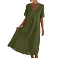 thumbnail image 6 of Cotton Linen V Neck Maxi Dress Womens A-Line Flowy Casual Short Sleeve Loose Fitting Summer Daily Wear with Pockets Green M, 6 of 9