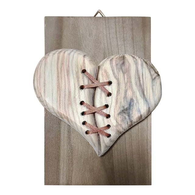 Wood Broken Heart Leather Stitched Wood Sculpture Wall Decor Gift