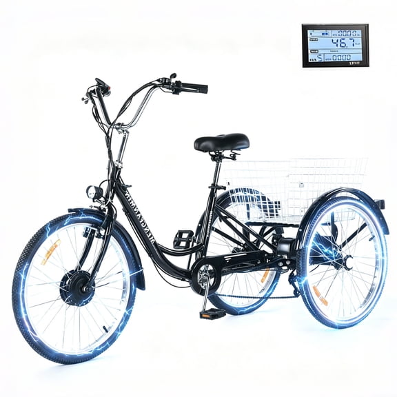 MENGFANMIN Electric Tricycle for Adults,3 Wheel 24 inch Trike Ebike,Li-Battery 36V13AH,700w Brushless Motor, Tricycles up to 28 Miles with Baskets