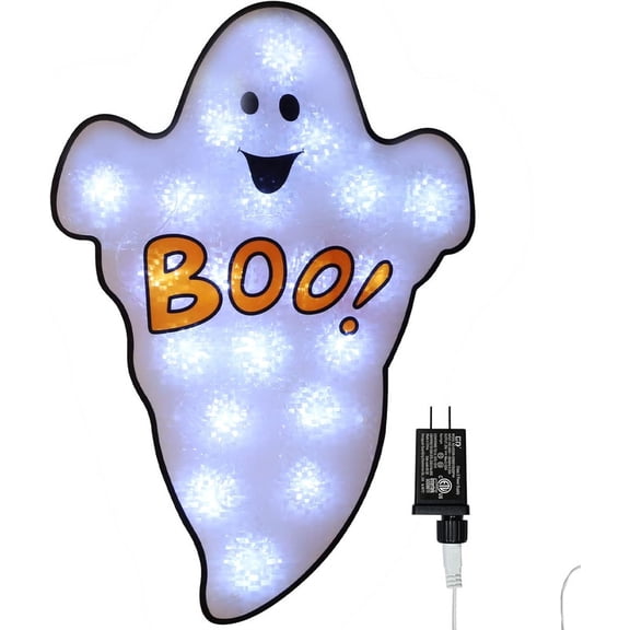 20LED Lighted "BOO" Ghost Halloween Window Silhouette Decoration | 12.6x18.5 Inch Double-Sided Design | ETL-Certified 29V | Waterproof for Indoor/Outdoor Home, Window, Lawn