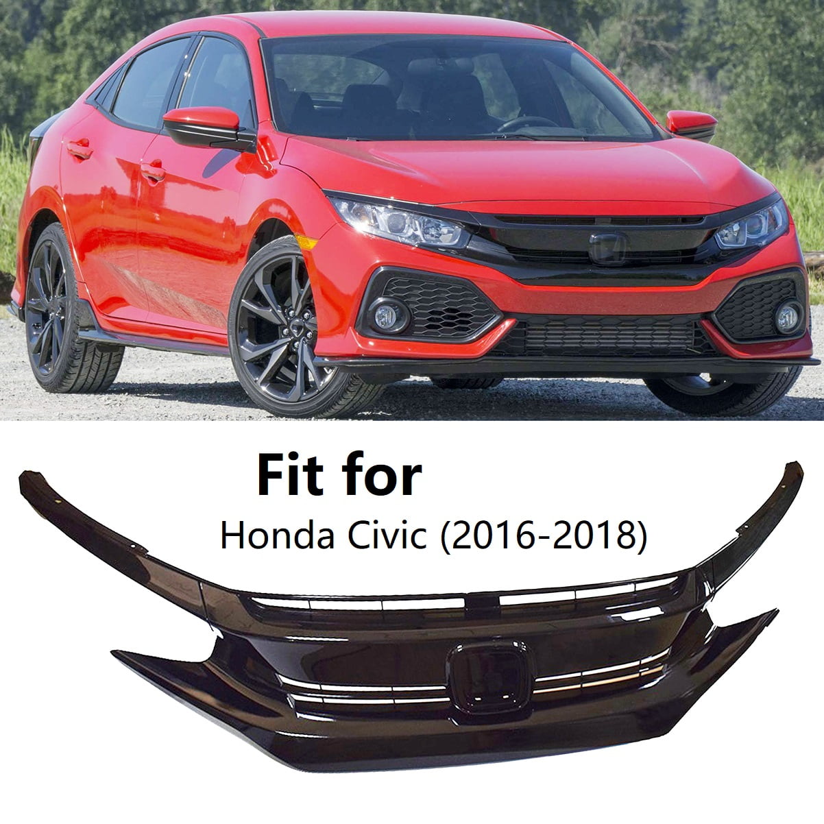 kran kubiske Skorpe Fit for Honda Civic 2016-2018 Front Grille Gloss Black Grill - Walmart.com